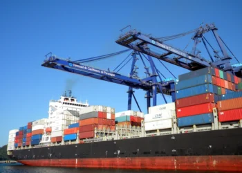 Cargo ship at port, like the first grain ship leaving Ukraine