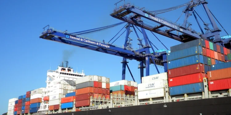 Cargo ship at port, like the first grain ship leaving Ukraine