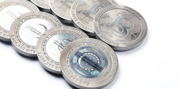 Cryptocurrency coins representing metaverse tokens like MoonLand