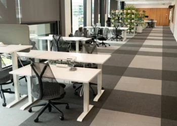 Modern office workplace with essential services