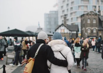 Couple walking together while traveling the world