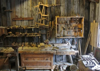 Well-equipped craftsman workshop with hand tools and workbench