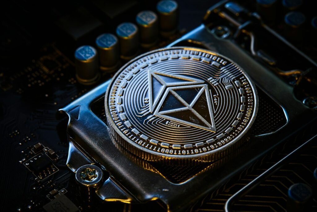 Close-up of a computer chip with a crypto symbol, representing Ethereum network speed upgrades