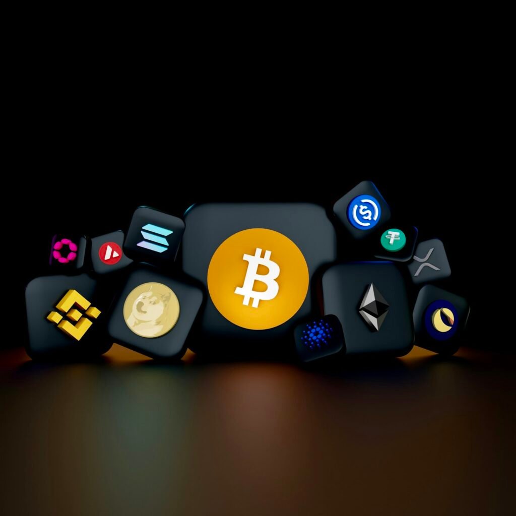 3D render of popular cryptocurrency coins including XRP, Bitcoin and Ethereum